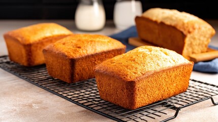 Freshly baked loaves of bread cooling on a wire rack with milk and a second loaf in the background