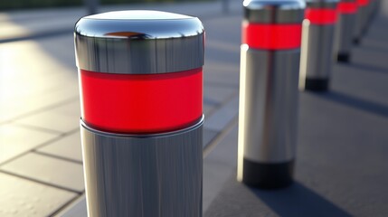 Photorealistic image of brand new metal anti-parking bollards with bright red reflective strips evenly distributed along the edge of a clean urban pavement or parking area