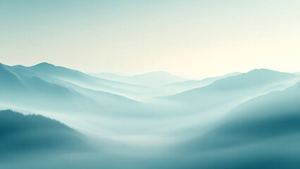 Serene misty mountains landscape with soft blue hues  