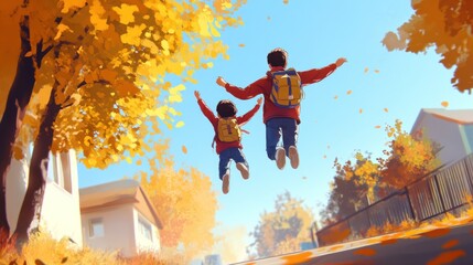 Joyful Autumn Leap: Father and Son Soar Through Golden Leaves