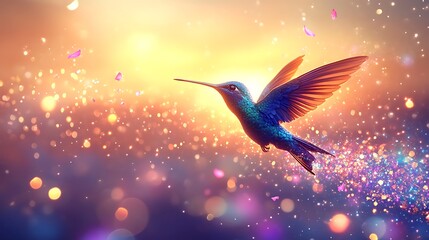Fototapeta premium Hummingbird in flight, sunset, colorful sparkles
