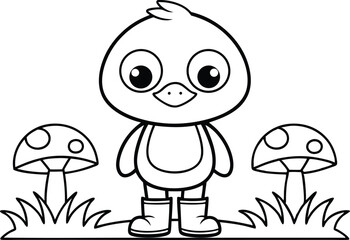 Cartoon Duckling Standing with Boots between Mushrooms on Transparent Background