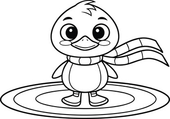 Cartoon Penguin Standing On Circle With Scarf Outline On Transparent Background