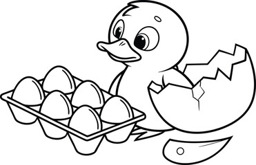 Cartoon hatched duckling peeking from cracked egg next to egg carton line art