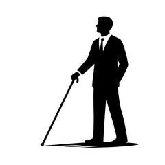 Silhouette of a man in a suit holding a cane against a plain background  