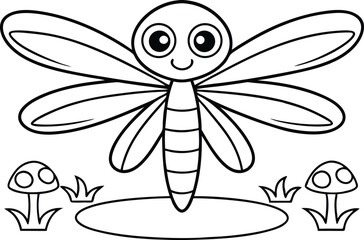 Cartoon Dragonfly with Big Eyes and Multiple Wings Outline with Mushrooms