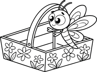 Cartoon Dragonfly with Flower Basket in Outline Style for Coloring Book