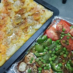 Two trays of seasoned veggies ready to roast—one with neatly sliced potatoes, the other with tomatoes, peas, bell peppers, and zucchini. Perfect for a flavorful vegetarian meal or side dish.