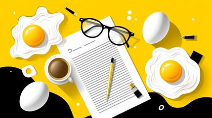 Obraz premium Breakfast workspace, document, coffee, eggs