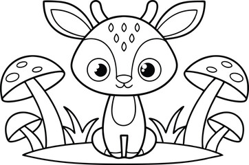 Deer Outline Among Mushrooms, Whitetail Fawn Illustration, Coloring Book Page