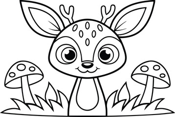 Cute Spotted Baby Deer Cartoon With Mushrooms in Black Outline Style