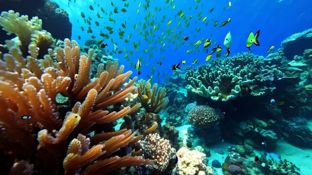 Beneath bright waves lies vibrant reef brimming with tropical color, as reef synergy supports abundant fish life, reef imagery capturing premium stock value for oceanic travel campaigns.