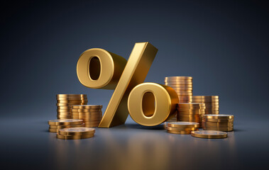 A stack of golden coins with a percentage sign, representing financial growth, interest rates and...