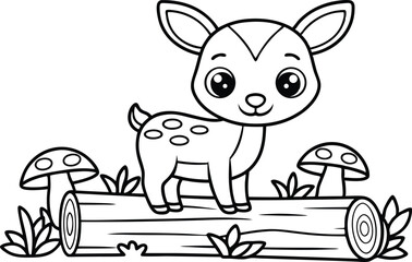 Cartoonish Outlined Fawn Standing on Log with Mushrooms for Coloring Book Page