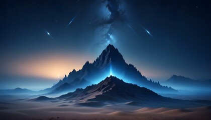 Fototapeta premium Surreal glowing mountain in a blue desert under a starry night sky with soft fog