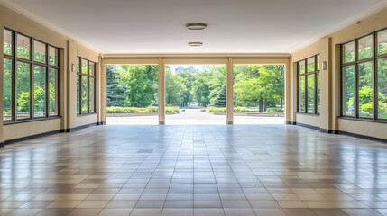Fototapeta premium Empty Beige Corridor With Large Windows Offering Garden View