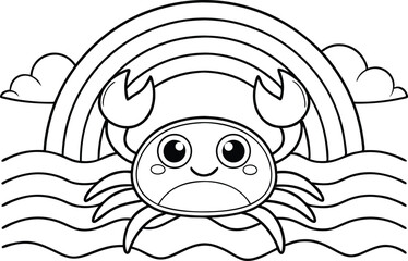 Cartoon Crab Outline with Rainbow, Clouds, and Ocean Waves on White Background