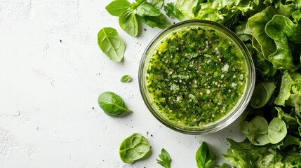 Obraz premium Close-up of fresh green salad with dressing, isolated on white background