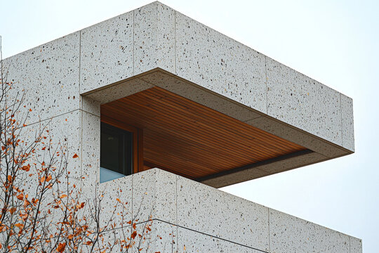 Modern building with terrazzo facade. Concept of minimalism and modern brutalism in residential architecture