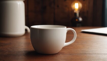 Fototapeta premium Warm Cozy Morning A Simple White Mug on Rustic Wooden Table