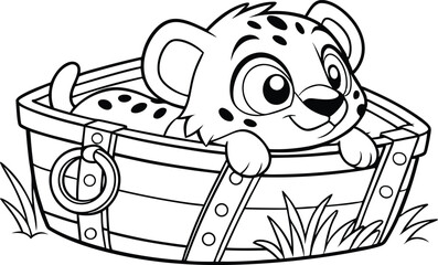 Cartoon Spotted Puppy Sitting in Wooden Tub Coloring Page Art