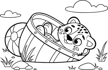 Cartoon Leopard in Wooden Bucket Black and White Outline Coloring Page Design