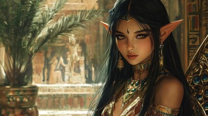 Fototapeta premium A fantasy anime girl is depicted as an Ancient Egyptian pointy-eared elf, blending traditional elven features with Egyptian aesthetics.