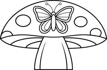 Outlined Mushroom with Butterfly on Top, Black Bold Stroke Style, White Isolated
