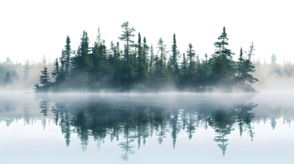 Tranquil Misty Boundary Waters Lake and Pines Panorama Isolated