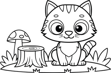 Cute Cartoon Cat Sitting Next to Tree Stump and Mushroom Outline Drawing