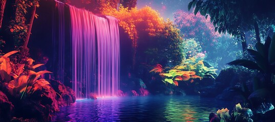 Obraz premium A cyberpunk valley where AI-controlled holographic rivers flow in neon streams