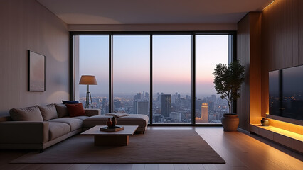 Living Room Interior with Cityscape View at Dusk