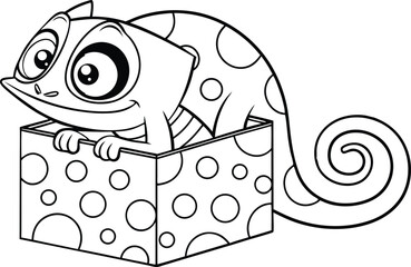 Cartoon Chameleon in Polka Dot Box, Outlined Reptile, Wildlife, Creature, Animal
