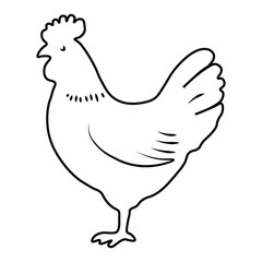 Adorable hen illustration, simple line art, cute poultry farm animal, black and white graphic design