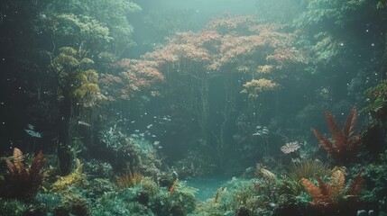 Fototapeta premium A fantasy forest plant anime background features an enchanting woodland scene filled with imaginative, otherworldly flora.