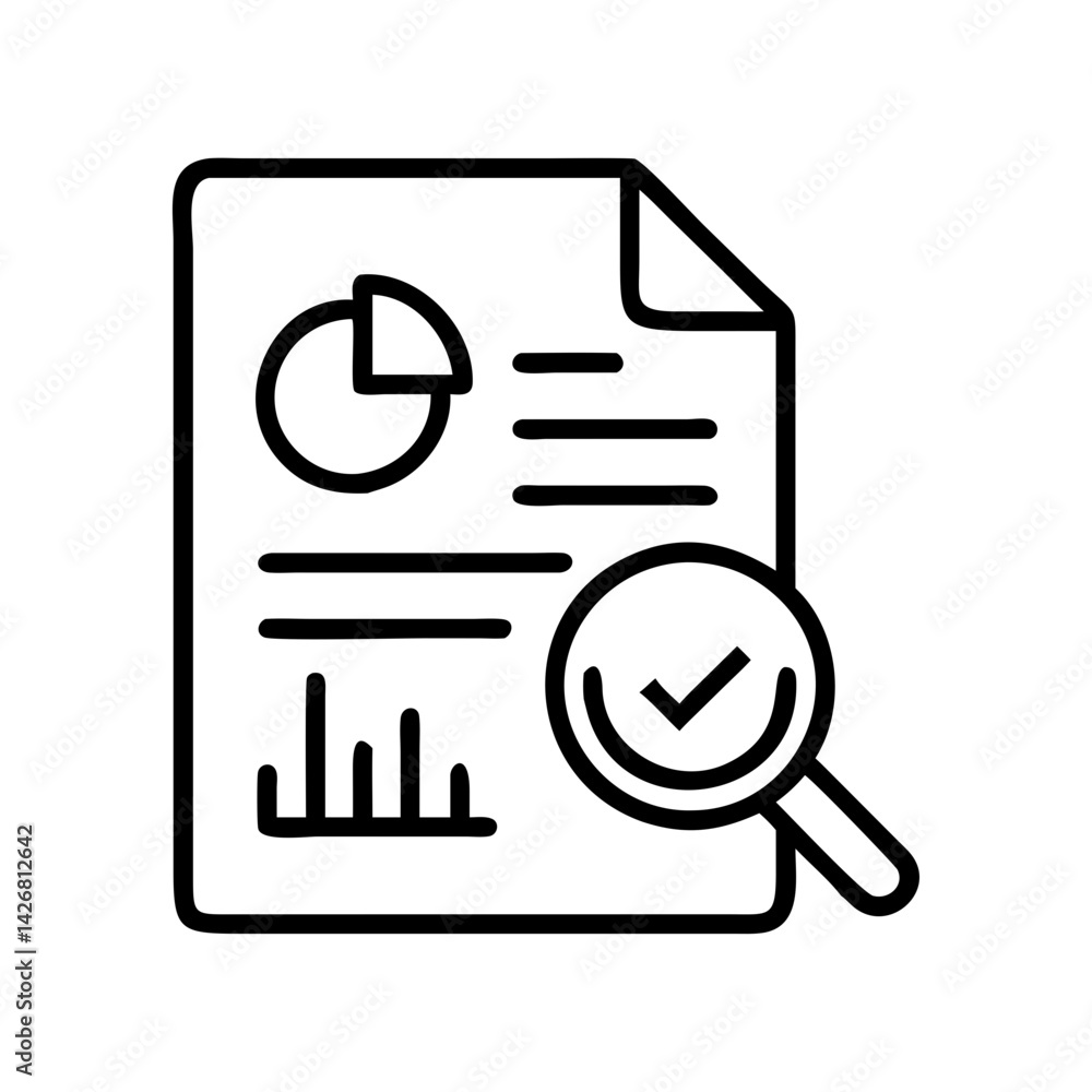 Poster data analysis report document with chart graph check mark and magnifying glass icon for business rev