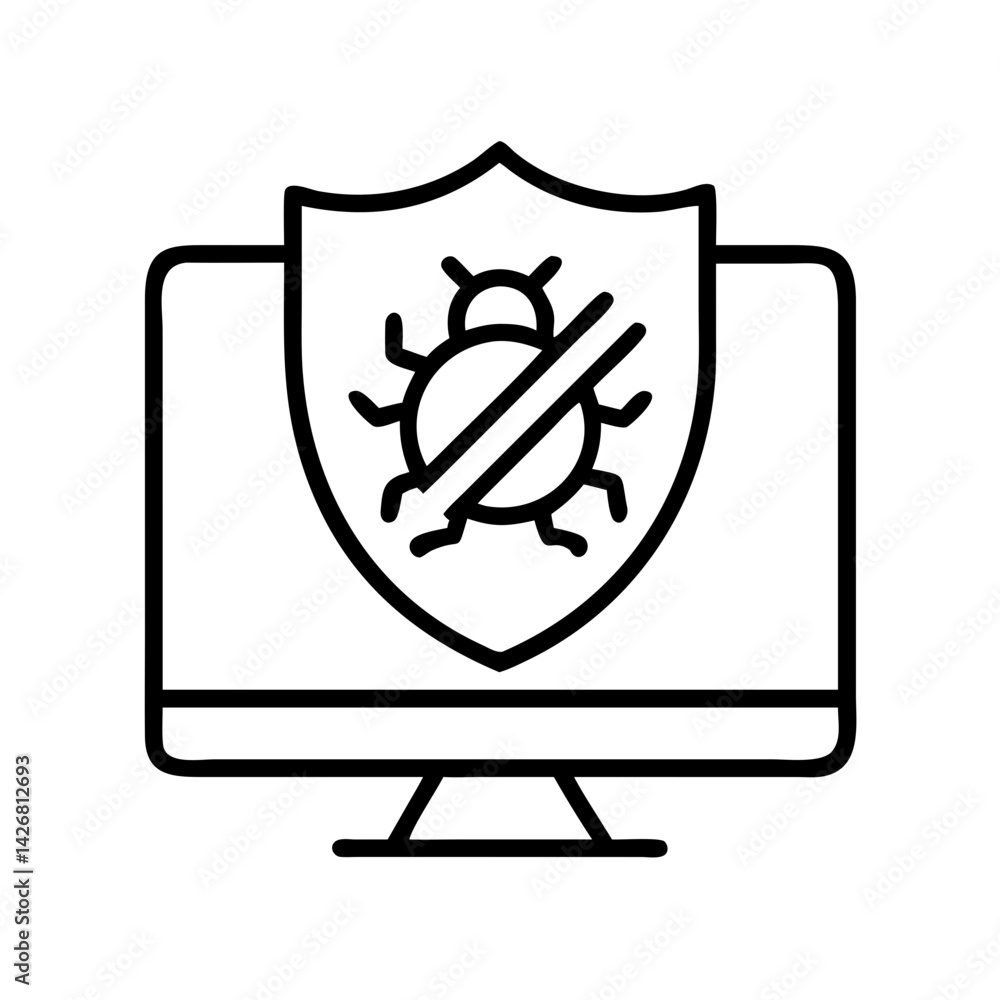 Aufkleber antivirus protection security shield on computer screen for malware virus threat detection and remov