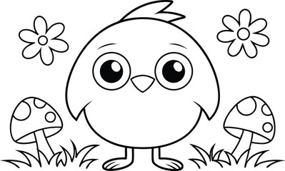 Outline drawing of cartoon chick with flowers and mushrooms on white background