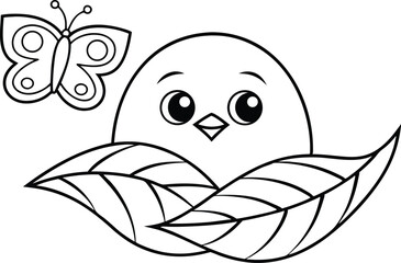 Cute Nestling Bird with Butterfly, Outlined, Black And White Coloring Cartoon
