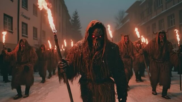 Krampus Procession: A striking display of Krampus figures walking in a historic street with torches in a captivating and slightly unsettling display of a cultural event. 