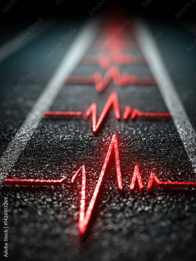 Poster heartbeat line transforming into a running track as a symbol of fitness and health for active lifest