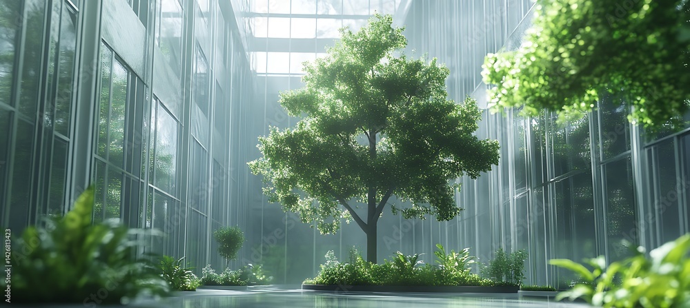 Poster a futuristic biome where holographic trees shift between different species in real time