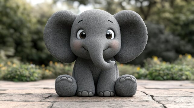 Cute elephant sits on stone path, garden background