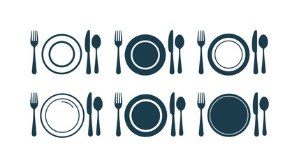 Culinary Arrangement: A top-down composition showcases an organized sequence of dining essentials, comprising plates, knives, spoons, and forks, arranged in a minimalist setting.