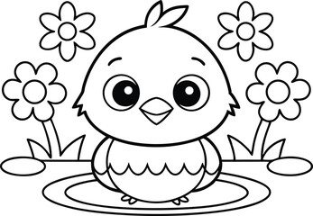 Outline Cartoon Chick and Flowers in Black and White for Coloring Book Page Design