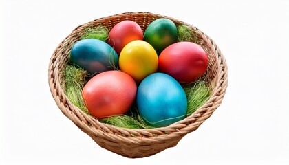colorful easter eggs in wicker basket isolated on transparent background generative ai