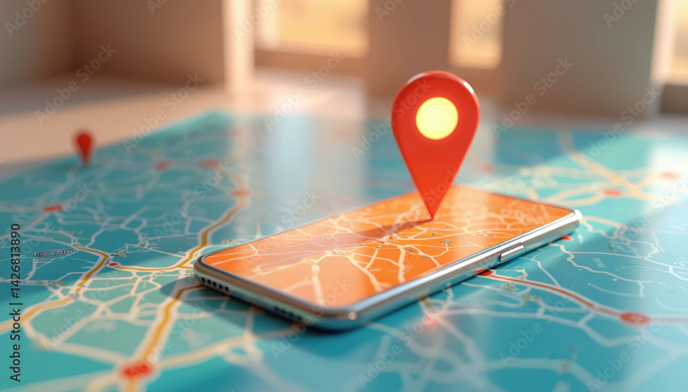 Poster smartphone with location pin on digital map. geofencing app concept, gps navigation service, online 