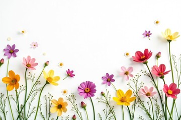 Naklejka premium Delicate, scattered wildflowers on white background, white, wallpaper, graphic