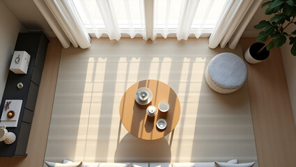 Top View of Bright Minimal Living Room with Sheer Curtains and Neutral Decor