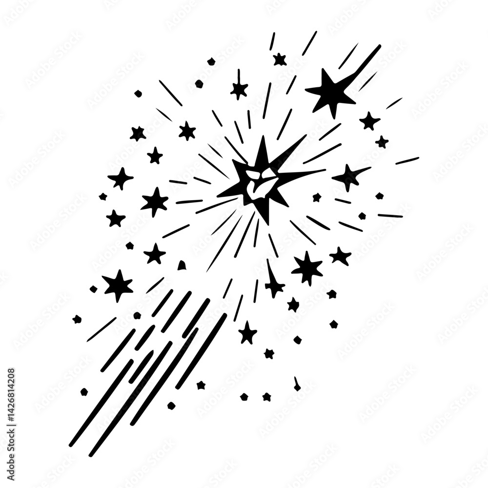 Poster exploding stars and comets in black and white